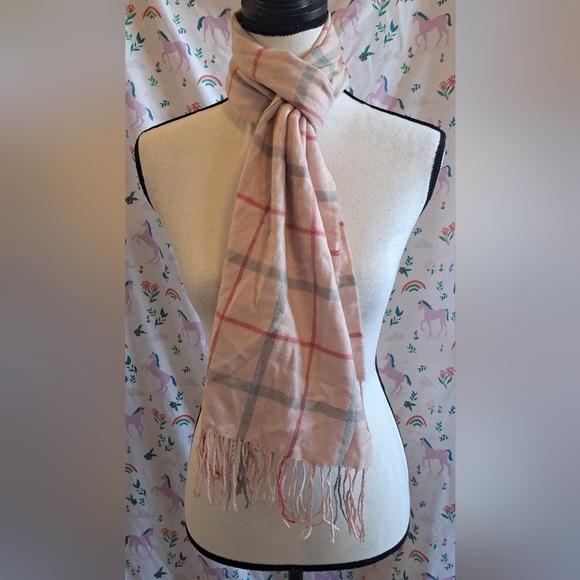 EUC Coach Pink & Grey Cashmere Plaid Neutral Boho Casual Preppy Scarf Wrap - Picture 1 of 7